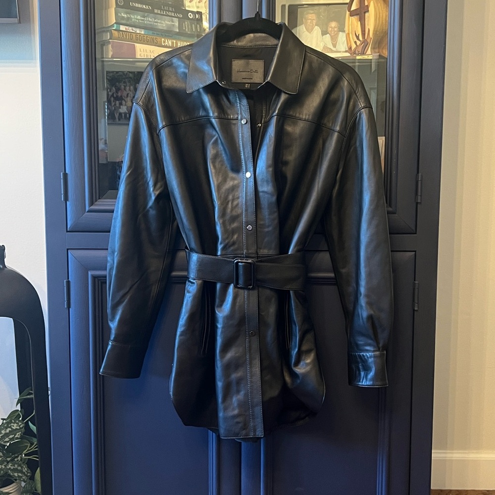 Massimo Dutti Black Leather Belted Coat